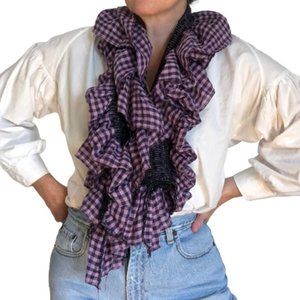 Purple Gingham Cascading Ruffle Country Victorian Lagenlook Preppy Scarf